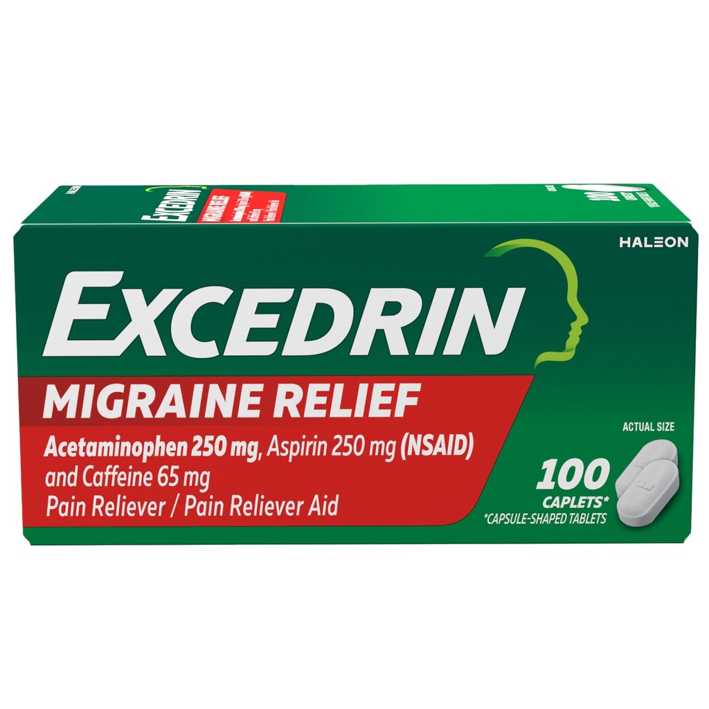 Extredrin Migræne Relief Caplets for Migræne Symptomer, Acetaminophen 250 mg, Aspirin 250 mg, Koffein 65mg, Pain Reliever, 100 Tæl