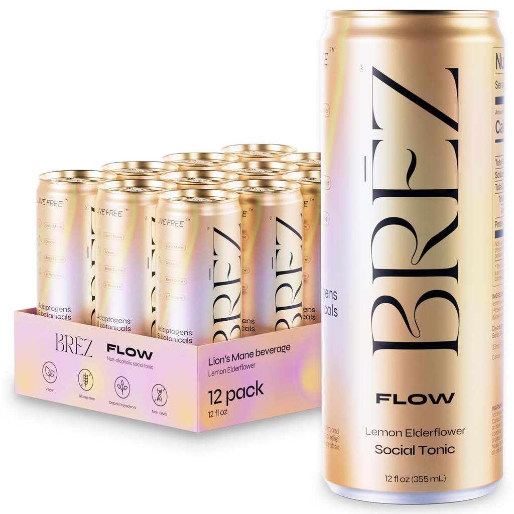 BREZ FLOW Lions Mane Mushroom Drink, 12-Pack, Ikke-Infunded, Adaptogens, Lempelse, Opløftning, og Social, Sparkling Lemon Elderflower Tonic 12 Fl oz