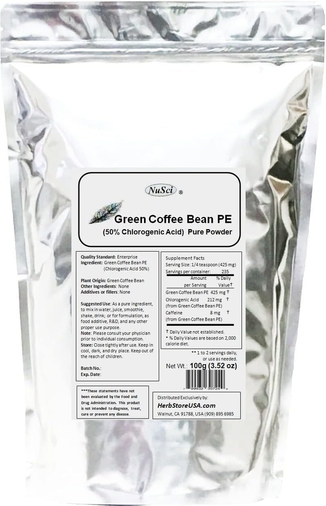 Green Coffee Bean Extract Powder, Standardized 50% Chlorogen Acid (100 Bedste (3,52 oz))