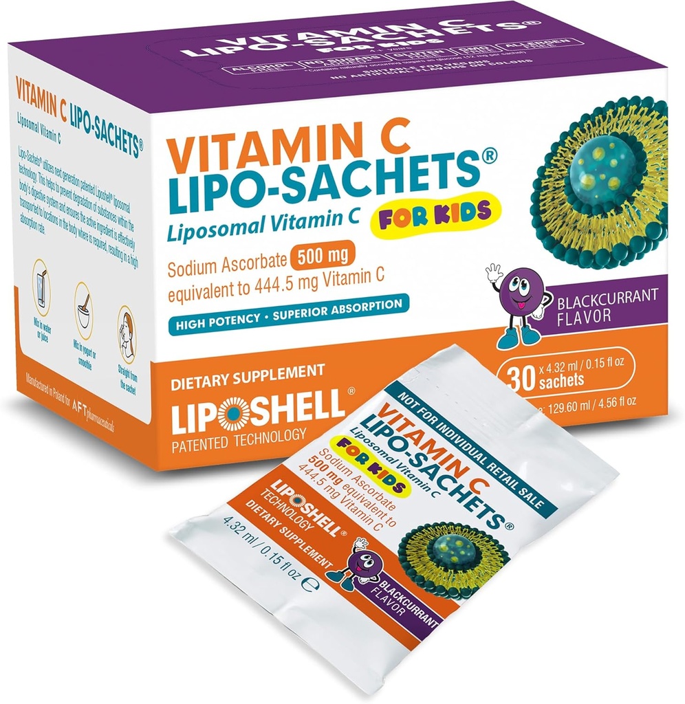 Lipo- sachets Kids Liposomal Vitamin C - 500 mg per servering til børneimmunstøtte - Blackcurrant Flavour C vitamin C for børn - Høj Absorption, Ingen tilsat sukker - 30 Pakninger