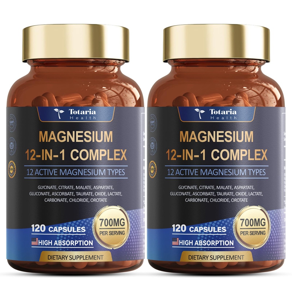 Magnesium Complex 700mg 12 i 1 Magnesiumtilskud med Glycinat Citrat Malatoxide Taurat Aspartat Oroter Magnesiumrelaxation, Muscle, Heart Support, Vegan 120 Kapsler 2PK