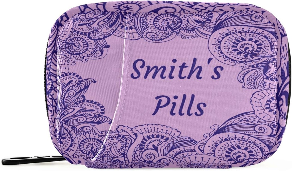 Custom Pill Box 7 Day Pill Case Bag Purple Floral Paisley Personalized Name Travel Pill Organizer Bag with Zipper Portable Weekly Case Compact Size for Vitamin Supplement Holder