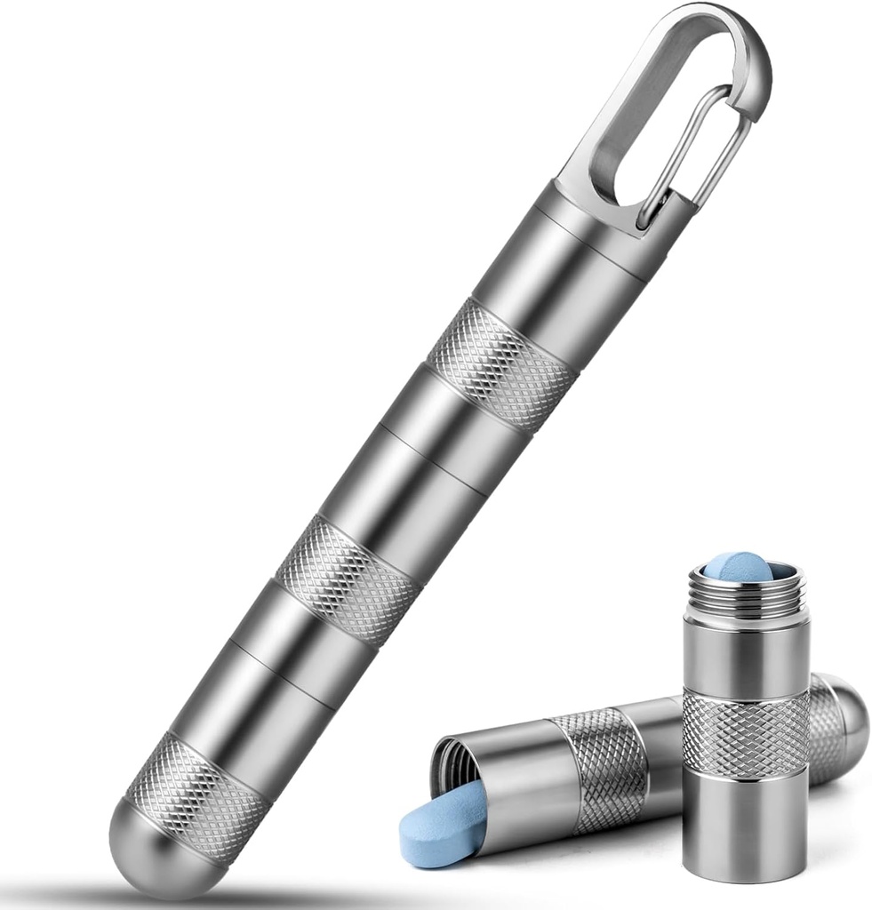TISUR Lille Titanium Pill Case, Keychain Pill Holder, Bærbar Pill Box Container, Travel Pill Organizer Vandtæt Metal Pill Fob flaske, Aftagelig kompartment (Gray Titanium Stor -3,26 tommer)
