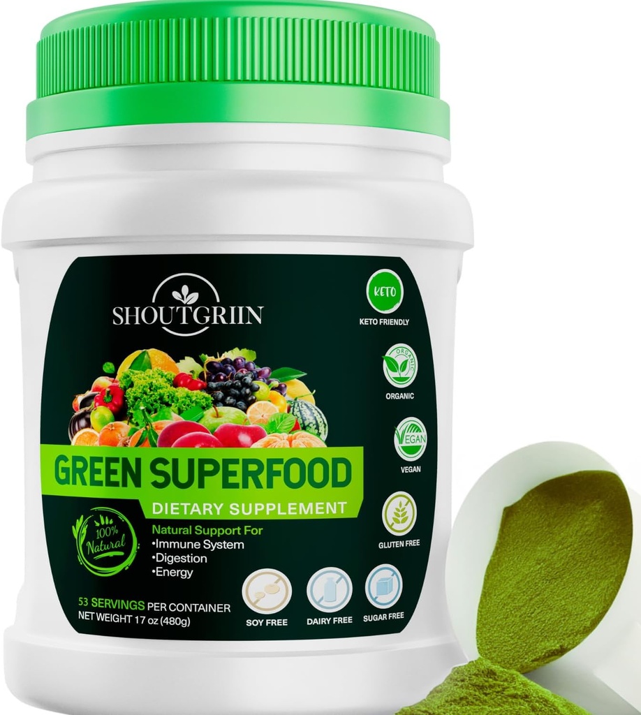 Green Superfood Powder - Organic Super Green Drikke til Bloating, Energi & fordøjelse - Daglig Vegansk Detox tillæg med Spirulina, Chlorella, Prebiotics - 53 Serveringer