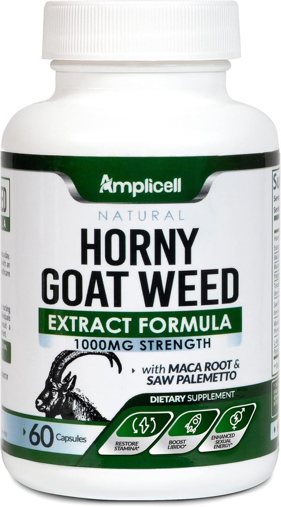 Horny Goat Weed med Maca Root, Tongkat Ali, L- Arginin & Panax Ginseng - Mand Performance & Libido Booster Supplement - Energi, Stamina & Vitality Pills til mænd og kvinder - 60 kapsler