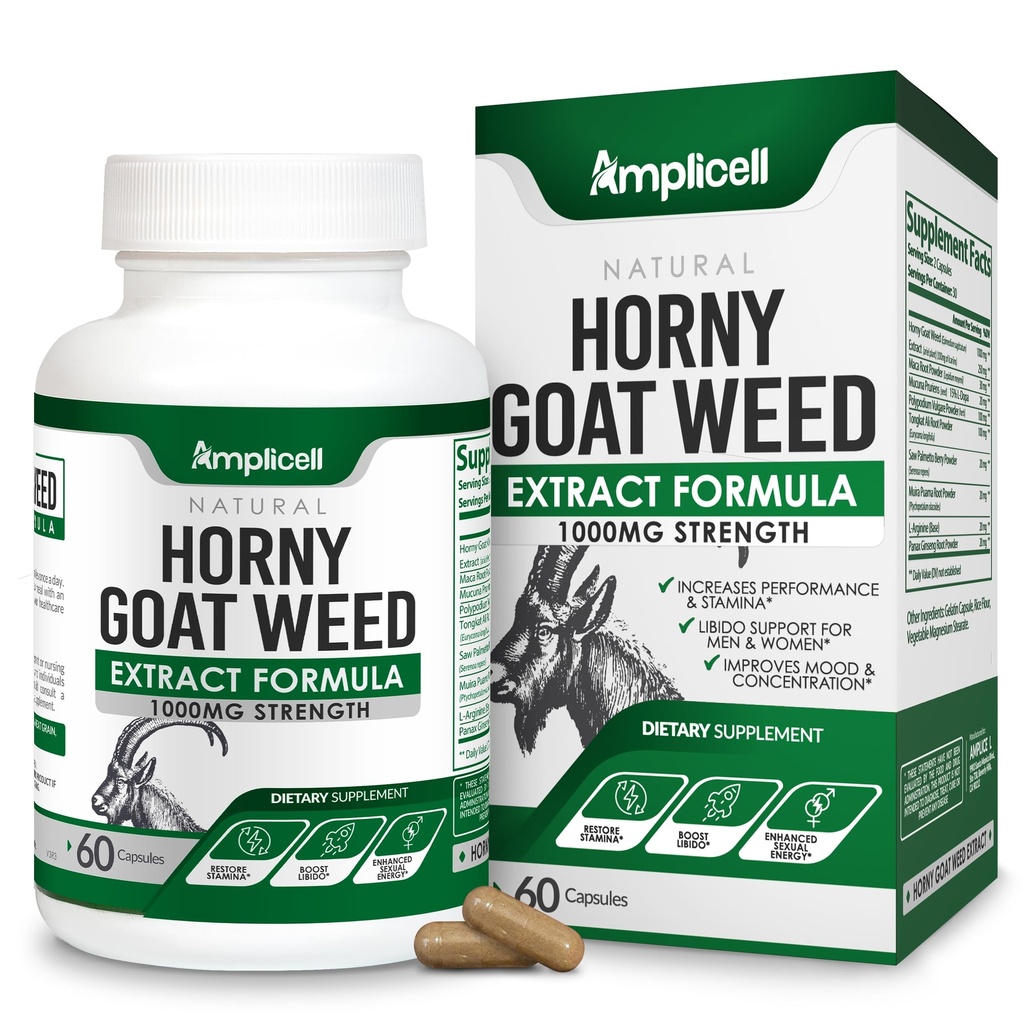 Horny Goat Weed med Maca Root, Tongkat Ali, L- Arginin & Panax Ginseng - Mand Performance & Libido Booster Supplement - Energi, Stamina & Vitality Pills til mænd og kvinder - 60 kapsler