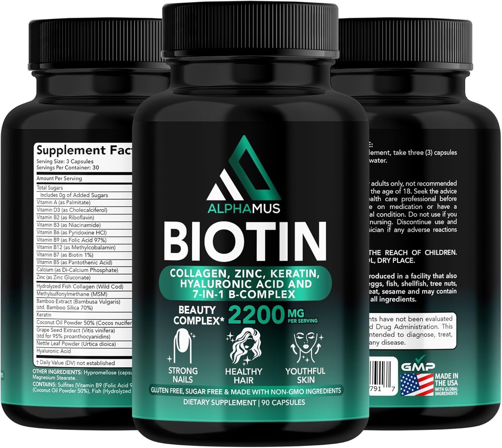 Biotin og Collagen Kosttilskud med Keratin - Biotin 5000mcg kapsler til hårvækst, sund hud & negle - Optimeret blanding af hyaluronsyre & vitamin- B kompleks for kvinder og mænd, 90 kapsler