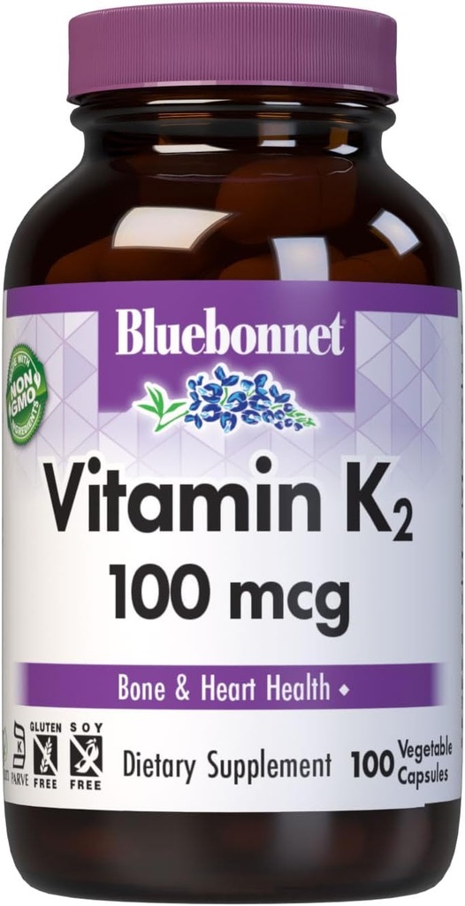 Bluebonnet Nutrition Vitamin K2 Supplement 100 mcg Daily Vit K2 MK7 Heart Health & Bone Vitaminer for kvinder & mænd * - Vegan, non-GMO, Dairy-Free, Gluten- Free Vit K - 100 Vegetabilske kapsler