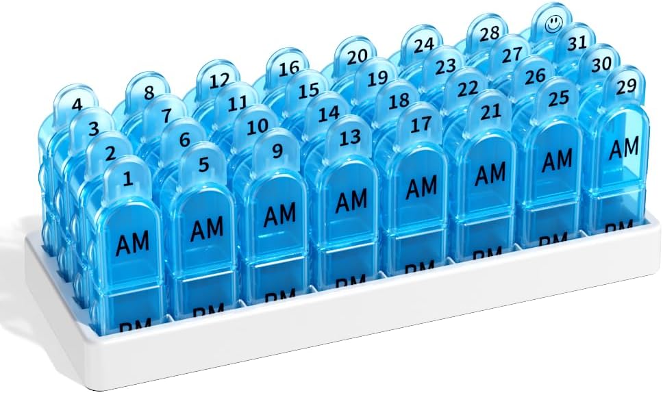Månedlig AM / PM Pill Organizer - Color & Number- Coded 30 / 31- Day Pill Box med Secure Lids, BPA- Free & Travelly-Friendly Design Budd124; Store kompartmenter for vitaminer, Kosttilskud, Medicin Buddy Blue