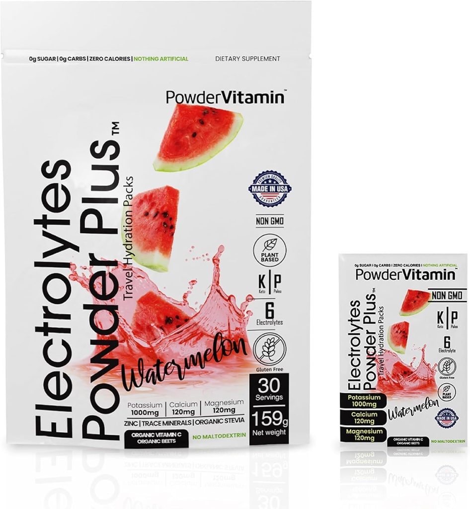 PowderVitamin Electrolytes Powder Plus, Keto, Watermelon, Sugar Free, 1000mg Kalium, 120mg Calcium, 120mg Magnesium, Non- GMO, Zero Calories, 30 Hydrationspakker