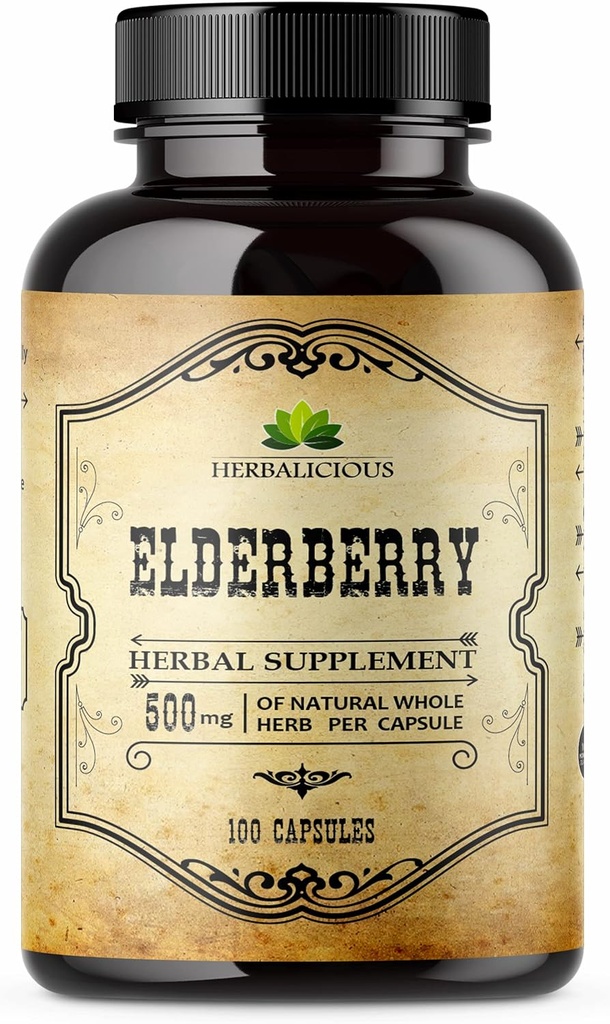 Elderberry Kapsler - Natural Black Elderberry Herbal Supplement - Immunboostere til voksne, fordøjelsesstøtte, antioxidanter & C-vitamin - Fiber- Rich, non-GMO - 100 kapsler til mænd og kvinder