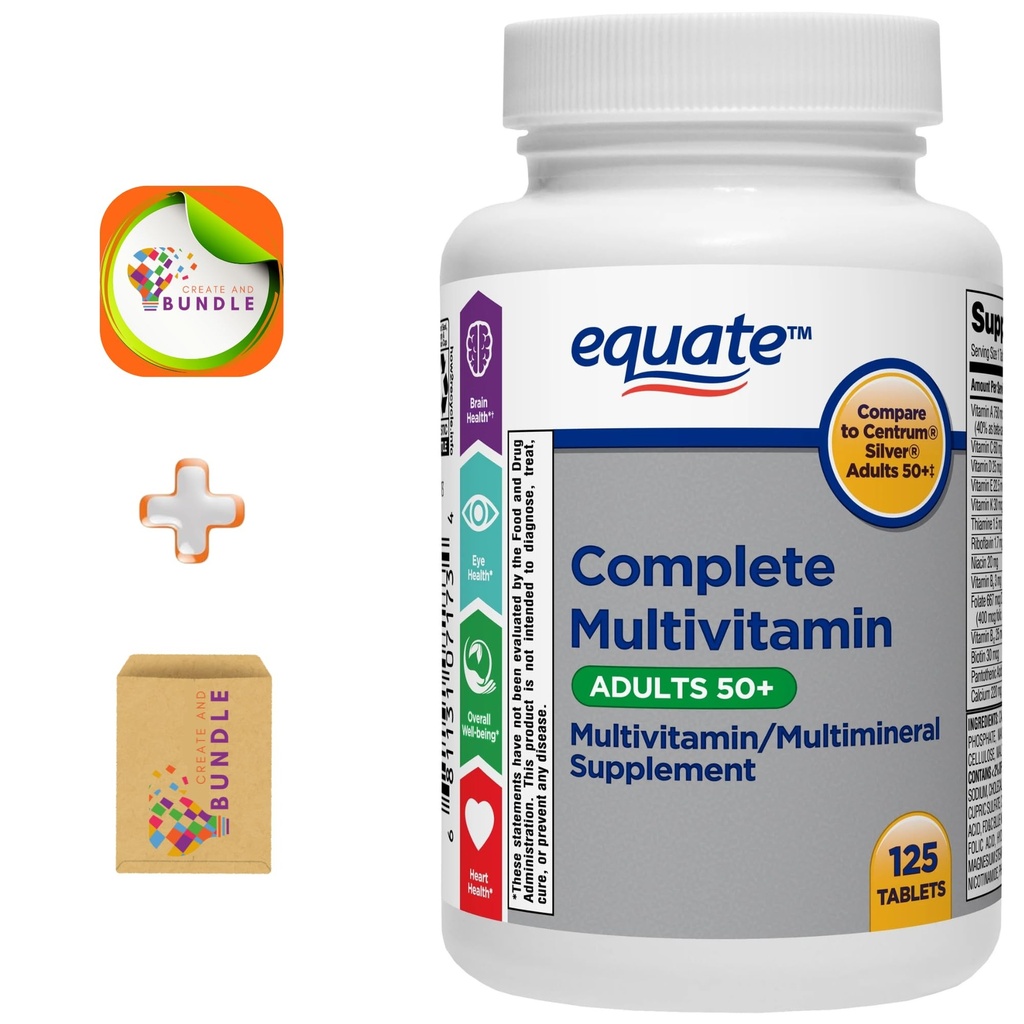 Equate Voksen 50 + One Daily Complete Multivitamin / Multimineral Supplement, 125 tabletter, Omfattende Multivitamin til voksne Over 50 + Createandbunt Sticker