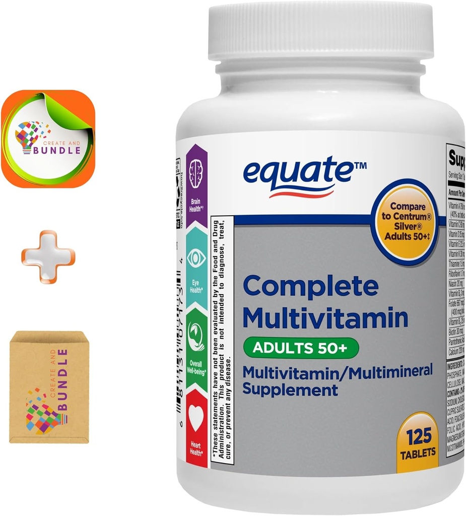 Equate Voksen 50 + One Daily Complete Multivitamin / Multimineral Supplement, 125 tabletter, Omfattende Multivitamin til voksne Over 50 + Createandbunt Sticker