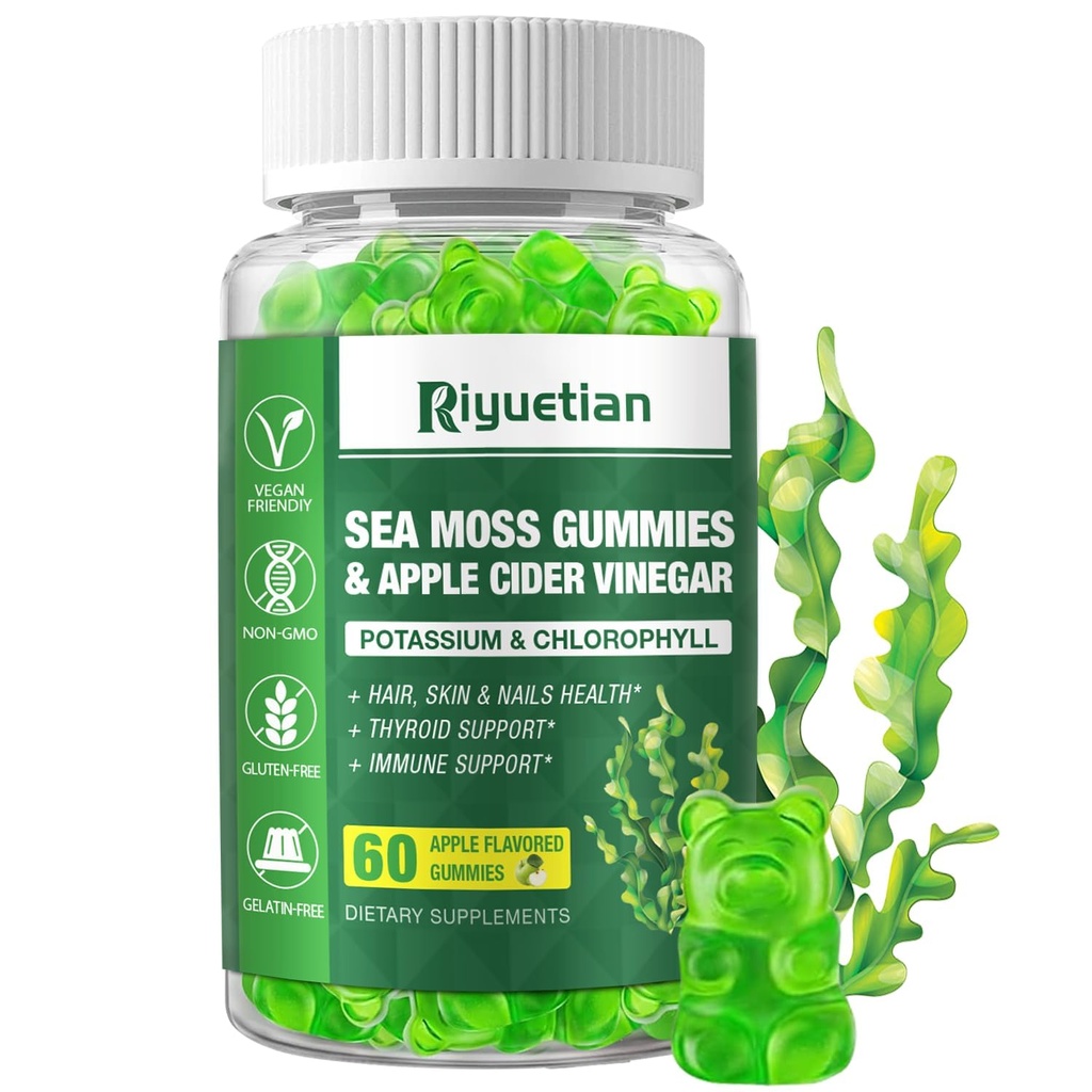 Sea Moss Gummies - 60 Greve - Lavet med Natural Apple Flavor - Seamoss supplement til energi, immunforsvar - Formuleret Bladderwrack & Burdock Root - Vegan, Non- GMO Irish Moss Gummy