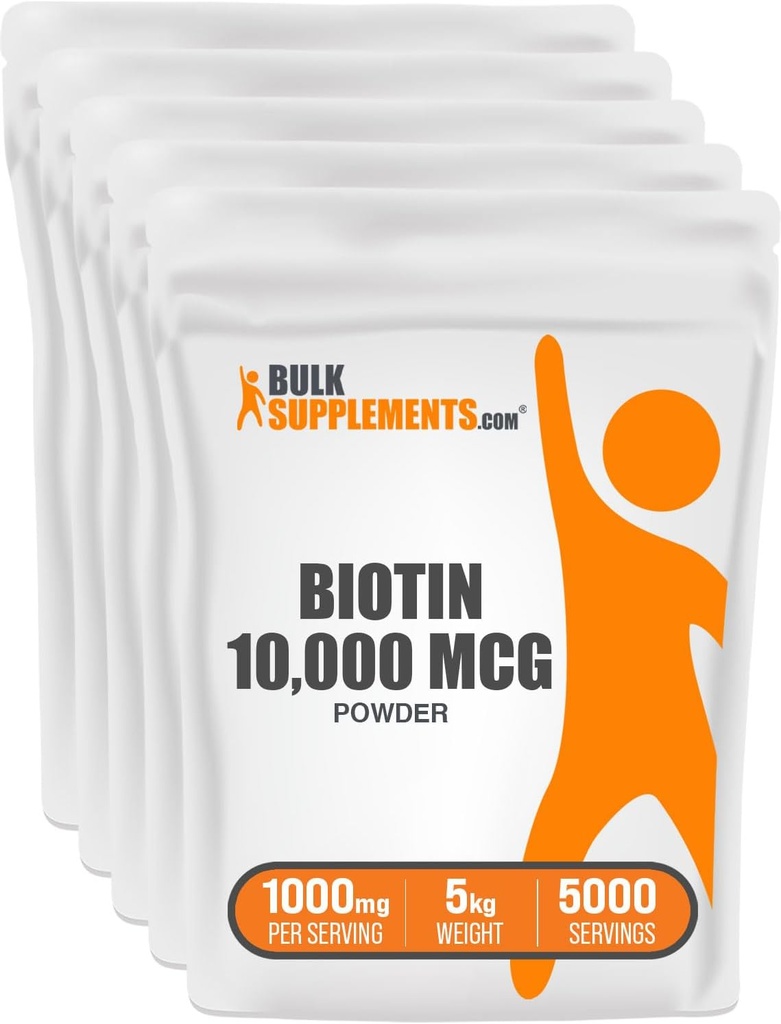 BulkSupplements.com Biotin 10000mcg Powder - Vitaminer til hår, hud og negle - som vitamin B7, Gluten Free, 1000mg per servering (10mg Biotin), 5kg (11 lbs) (Pack of 5)