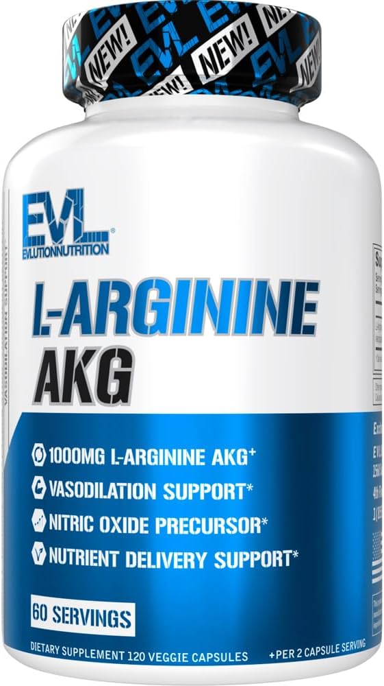 Evolution L- Arginin AKG - Vasodilation & Nutrient Support - Nitrooxide Precursor - 1000mg L- Arginin AKG - Gluten Free & Non- GMO - Kosttilskud - 60 Servering - 120 Veggie kapsler