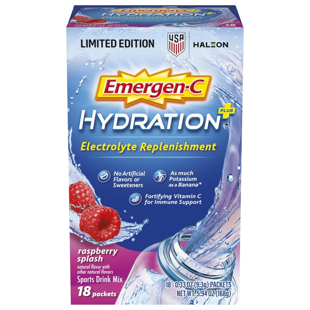 Emergen- C Hydration + Sports Drink Mix med C-vitamin (18 Greve, Raspberry Flavor), Electrolyte Replenishment, 0,33 Ounce Powder Pakker