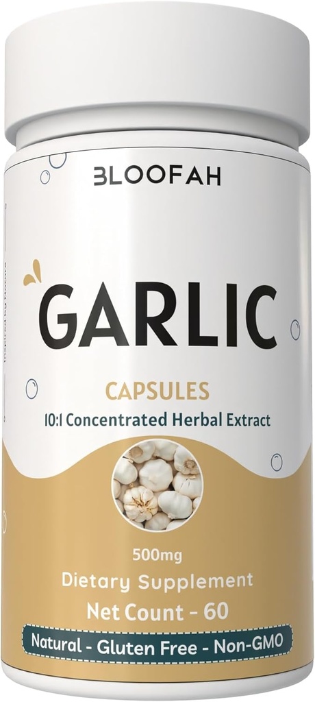 Hvidløg Kapsler 500mg • 124; Koncentration af 10: 1 Uddrag Pulver • 124; Allium sativum • Herbal Supplement • 124; Natural, Non- GMO, Gluten- Free, No Kunstige Additiver (60 Greve (Pack of 1))