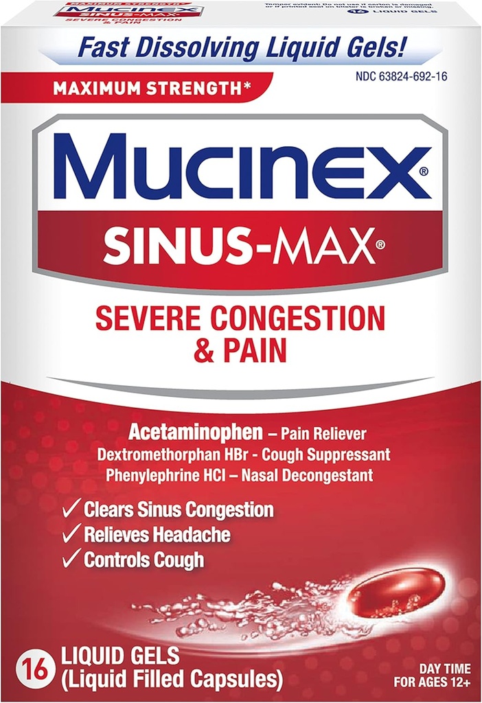 Mucinex Sinus- Max Max Strength Svær Congestion & Pain Liquid Gels, 16ct