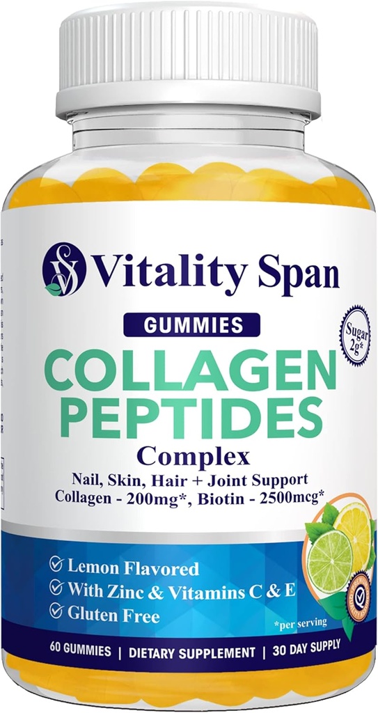 Collagen Gummies with Biotin (2500mcg), Vitamin C, E, Zinc for Hair, Skin and Nails, Low Sugar, Lemon Flavor, 60 Gummies, Made in USA
