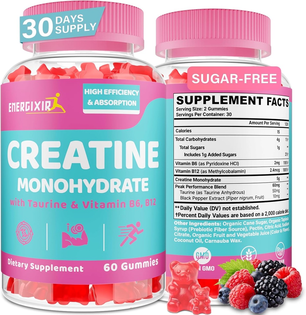 Creatin for kvinder, Creatin monohydrat Gummies - Ingen Bloating - Creatin Pre og Post Workout Chewables Supplement med Taurine & B6 - for inddrivelse, Styrke, Energi & Booty, Performance, 60 Counts