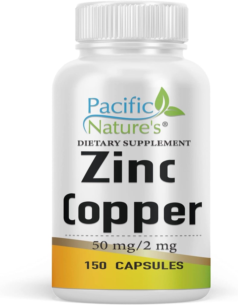 PACIFIC NATUR Zinkkobber supplement (150 kapsler) med 50 mg Zinkgluconat, 2 mg kobbersulfat til immunstøtte - Gluten fri, ikke-GMO