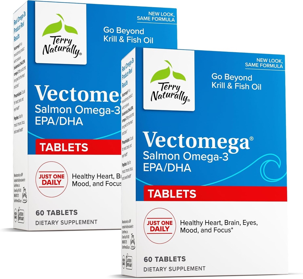 Terry naturligt Vectomega - tillæg med EPA & DHA - Omega-3 tabletter til hjerne & hjerte support - næringstilskud med essentielle fedtsyrer & peptider - 60 tabletter (pakke med 2)