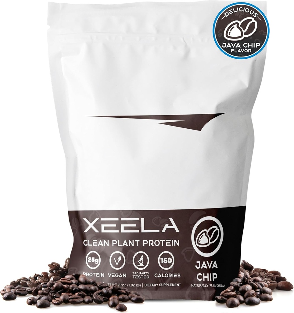 XEELA Plant Based Vegan Protein Powder - Uafhængigt testet - 25g High Protein, Pea Protein for Mænd & Kvinder - Vitamin & Min, Ikke GMO, Dairy & Gluten Free, LowCarb & LowFat (Java Chip)