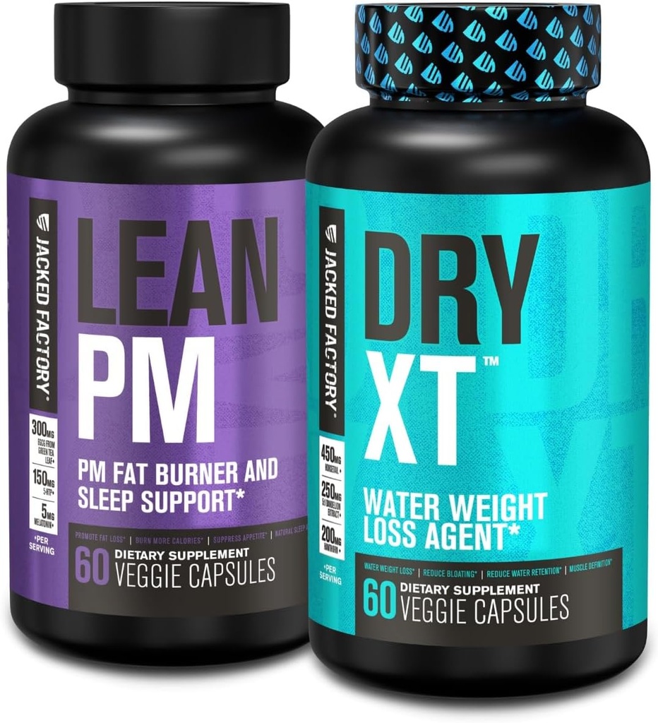Jacked Factory Lean PM Night Time Fat Burner, Sleep Aid Supplement, & Appetite Suppressant (60 Capsules) & Dry-XT Water Weight Loss Diurectic Pills (60 Capsules)