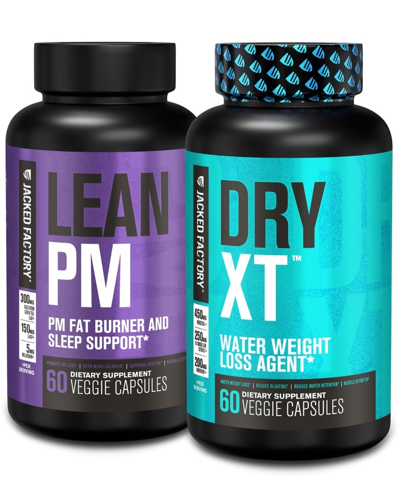 Jacked Factory Lean PM Night Time Fat Burner, Sleep Aid Supplement, & Appetite Suppressant (60 kapsler) & Dry- XT Water Weight Loss Diurectic Pills (60 kapsler)