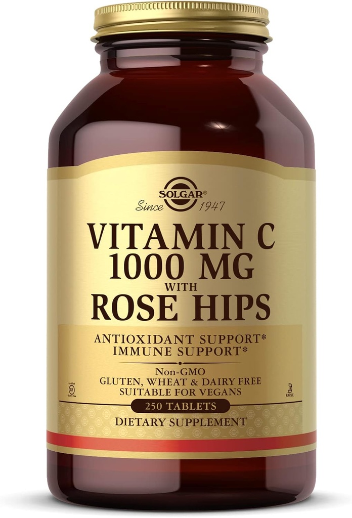 Solgar vitamin C 1000 mg med Rose Hips, 250 tabletter - Antioxidant & immunforsvar - Samlet sundhed - Understøtter sund hud & Joints - Ikke GMO, Vegan, Gluten Free, Dairy Free, Kosher - 250 Servere
