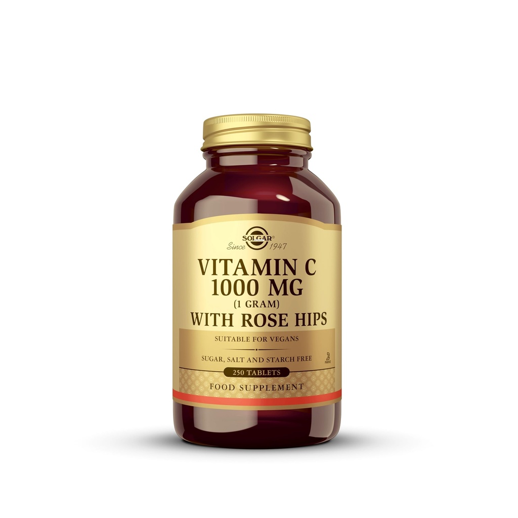 Solgar vitamin C 1000 mg med Rose Hips, 250 tabletter - Antioxidant & immunforsvar - Samlet sundhed - Understøtter sund hud & Joints - Ikke GMO, Vegan, Gluten Free, Dairy Free, Kosher - 250 Servere