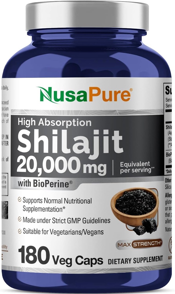 NusaPure Shilajit 20,000mg per servering, 180 Veggie Caps, Non- GMO, Gluten Free, Bioperine