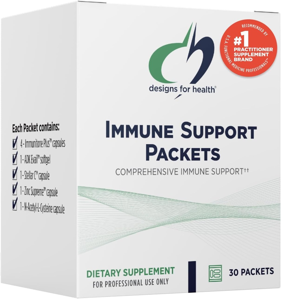 Design for sundhed immunsupportpakker - One Month Supply Vitamin Pakker med Immunitone Plus Mushroom Complex + urter, NAC, D-vitamin + K, Zink + C-vitamin (30 Pakker)