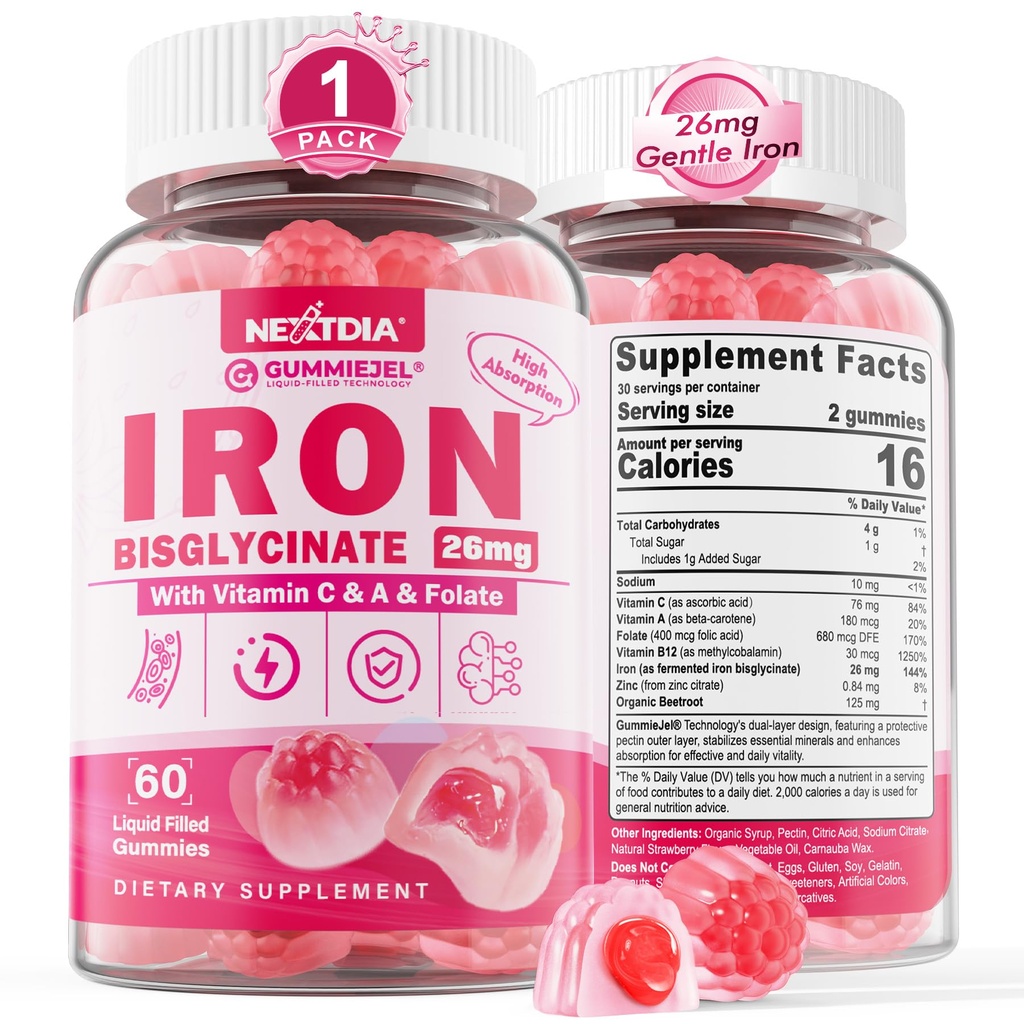 Jern gummier til kvinder & mænd - Iron Bisglycinate med C-vitamin Folate B12 Zink til voksne, tyggetærskel Jern til jern mangel, energi Boost, non- Constipating & Efter smag, sukkerfri 1 pakke