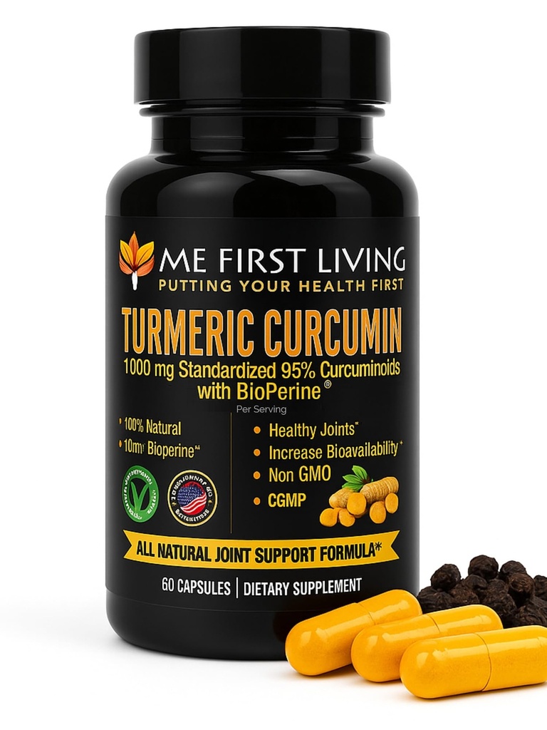 Me First Living Gurkemeje Curcumin 1000 mg 95% Curcuminoider, Bioperine 10 mg, 19x Mere potent end andre, Øget Absorption, Non- GMO, Økologisk Gurkemeje, Vegan, Gluten Free, 60 Kapsler