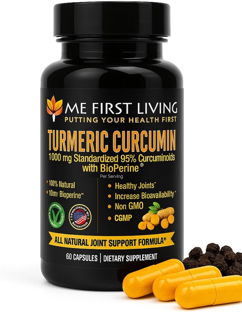 Me First Living Turmeric Curcumin 1000 mg 95% Curcuminoids, Bioperine 10 mg, 19x More Potent Than Others, Increased Absorption, Non-GMO, Organic Turmeric, Vegan, Gluten Free, 60 Capsules