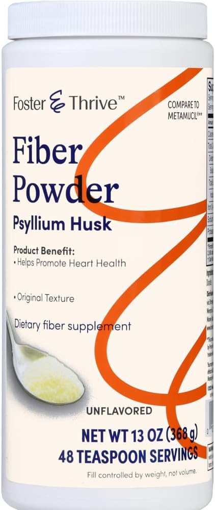 Foster & Thrive Daily Psyllium Husk Powder Supplement, 4- in-1 Fiber til fordøjelsesbesvær Laxative, Relieves Occasional Forstoppelse, Sødet w / Real Sugar, Original Flavor, 48 doser