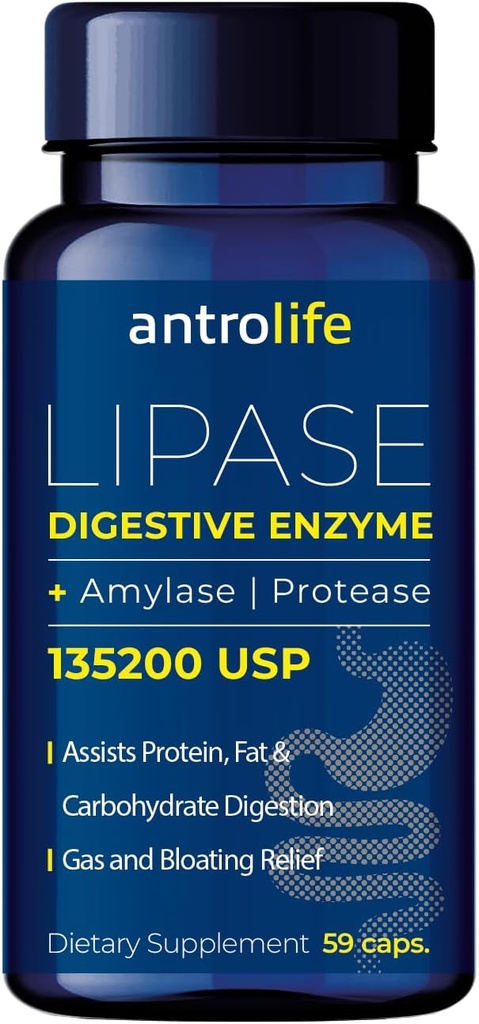 ANTROLIFE fordøjelsestilskud - enzymer med Lipase næringstilskud & amylase til fordøjelseskomfort - kosttilskud - 59 kapsler