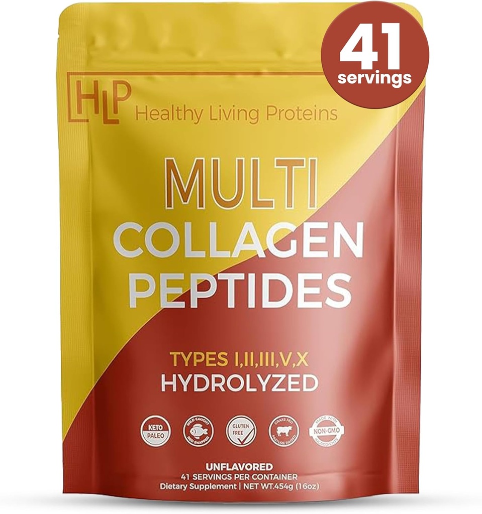 Sund Living Proteins against 124; Multi Hydrolyzed Collagen Peptider Type I, II, III, V, & X Shape 124; Grass Fed Bovine, Wild Caught Marine, Free Range Chicken Shape 124; Gluten Free (Uden smag, 1 Pound (pakke med 1))