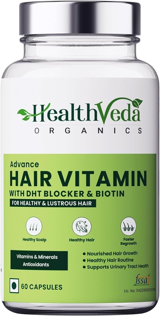 Generisk Organics Advance Hår Vitamin med DHT Blocker & Biotin Measures 124; Klinisk beviste hårvitaminer til mænd og kvinder - 60 Veg kapsler