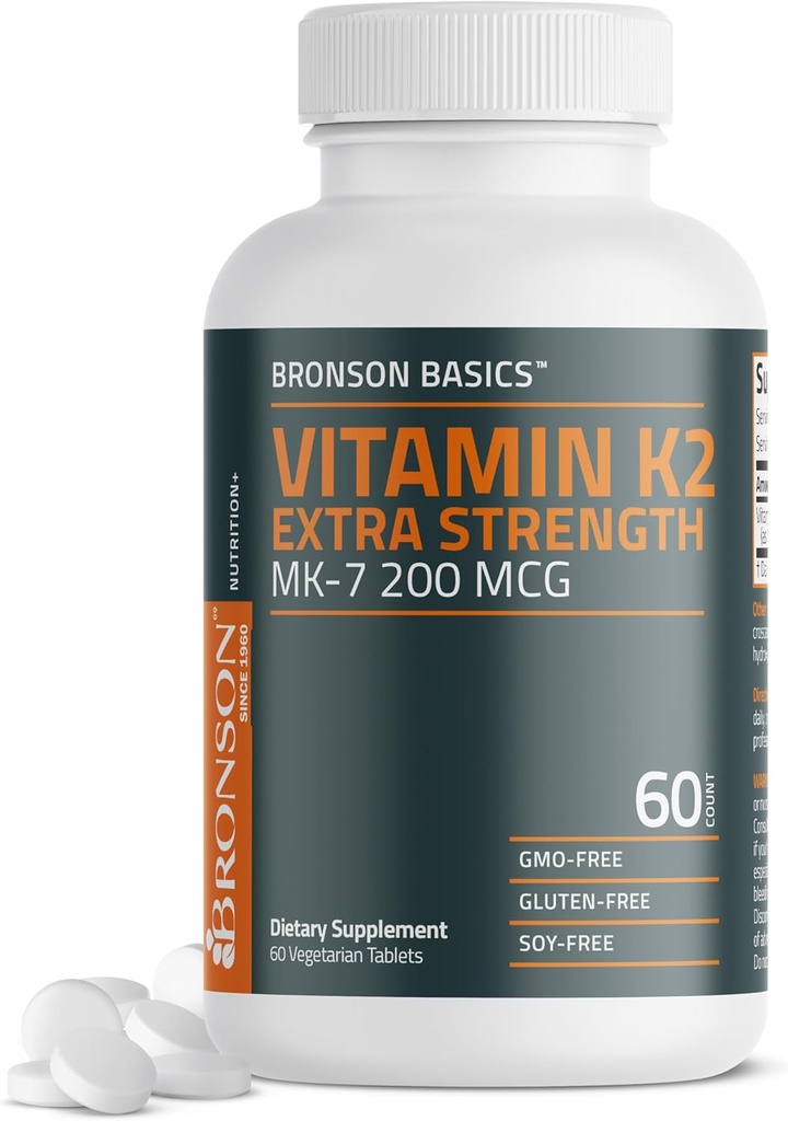 Bronson Vitamin K2 MK- 7 200mcg Ekstra Styrke, 60 Vegetariske tabletter