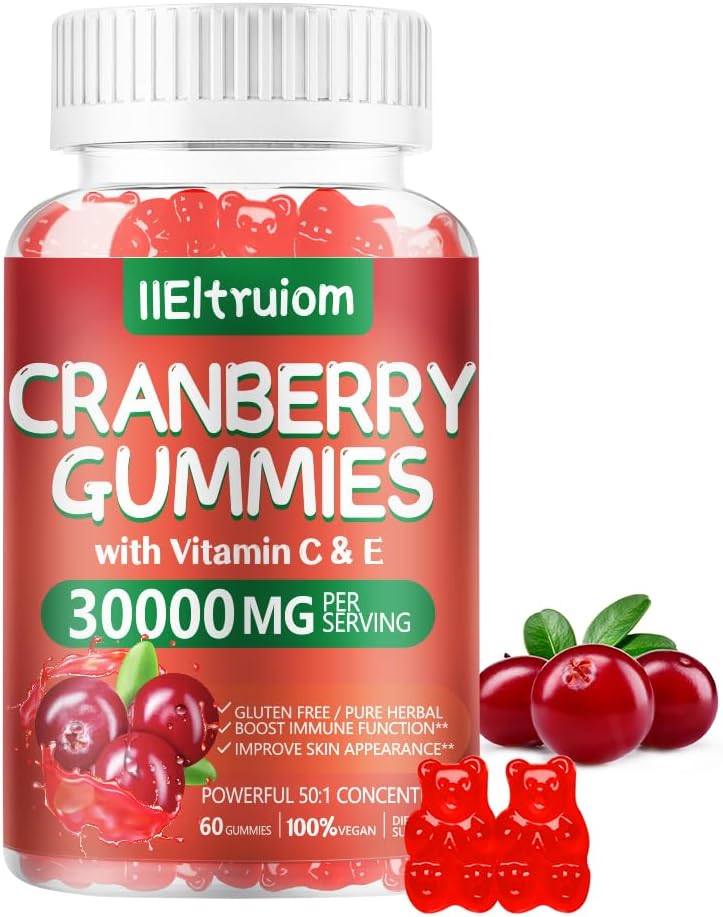 Cranberry Gummies Urinary Tract Sundhed for kvinder & mænd, 50X Koncentrat Ekstrakt, C-vitamin & E, Cranberry Gummies for kvinder med Hibiscus til støtte immunforsvar, 60 tællinger