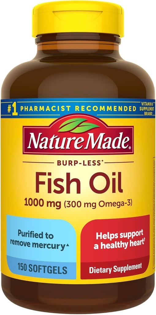 Nature Made Burp Mindre Fish Oil Omega 3 Kosttilskud, 1000mg Softgels, Omega 3 Fish Oil Kosttilskud til sund hjertestøtte, 150 Softgels, 75 Day Supply