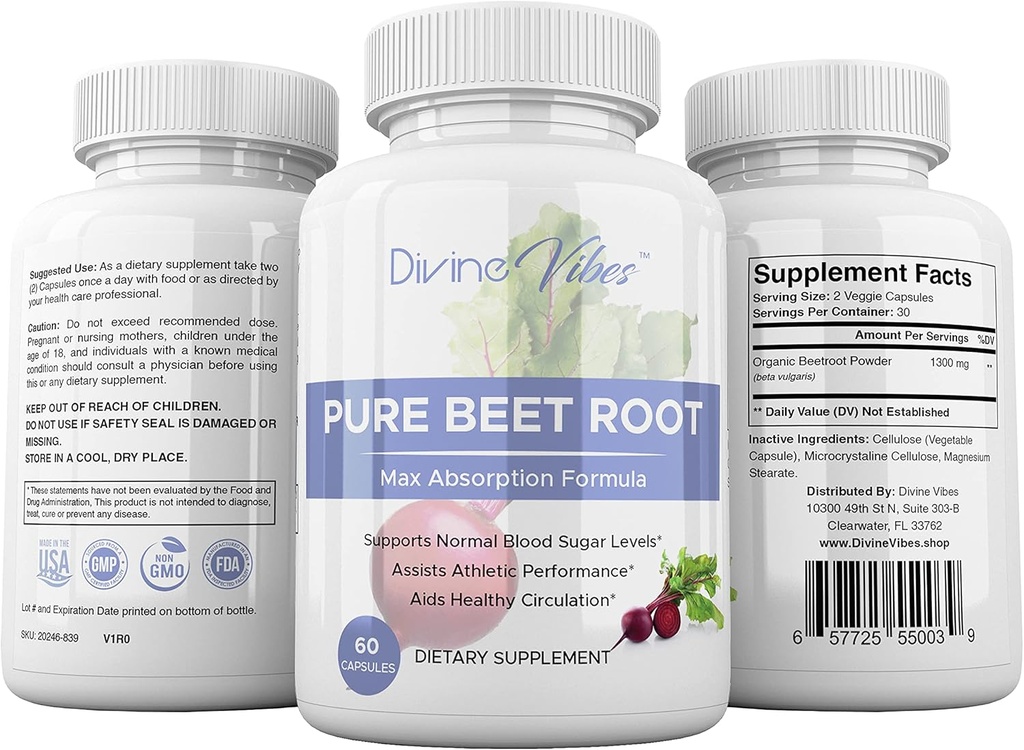 Beet Root Capsules - 1300mg Per Serving - Beet Root Powder Capsules - Beetroot Powder understøtter blodtryk, atletisk ydeevne, fordøjelsesbesvær, immunsystem (Ren, ikke-GMO, Gluten Free)