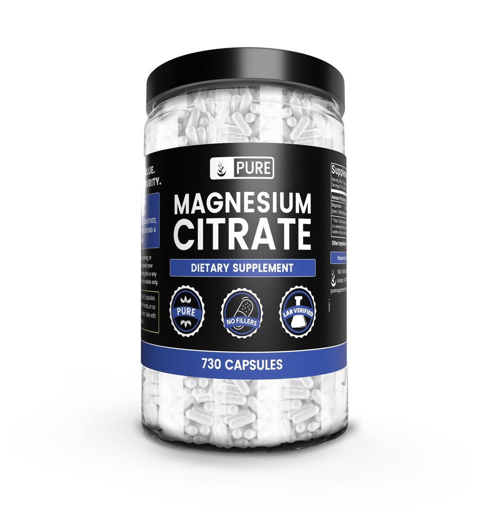 Pure Original Ingredienser Magnesium Citrate (730 kapsler) Ingen Magnesium eller Rice Fillers, Altid Pure, Lab Verified
