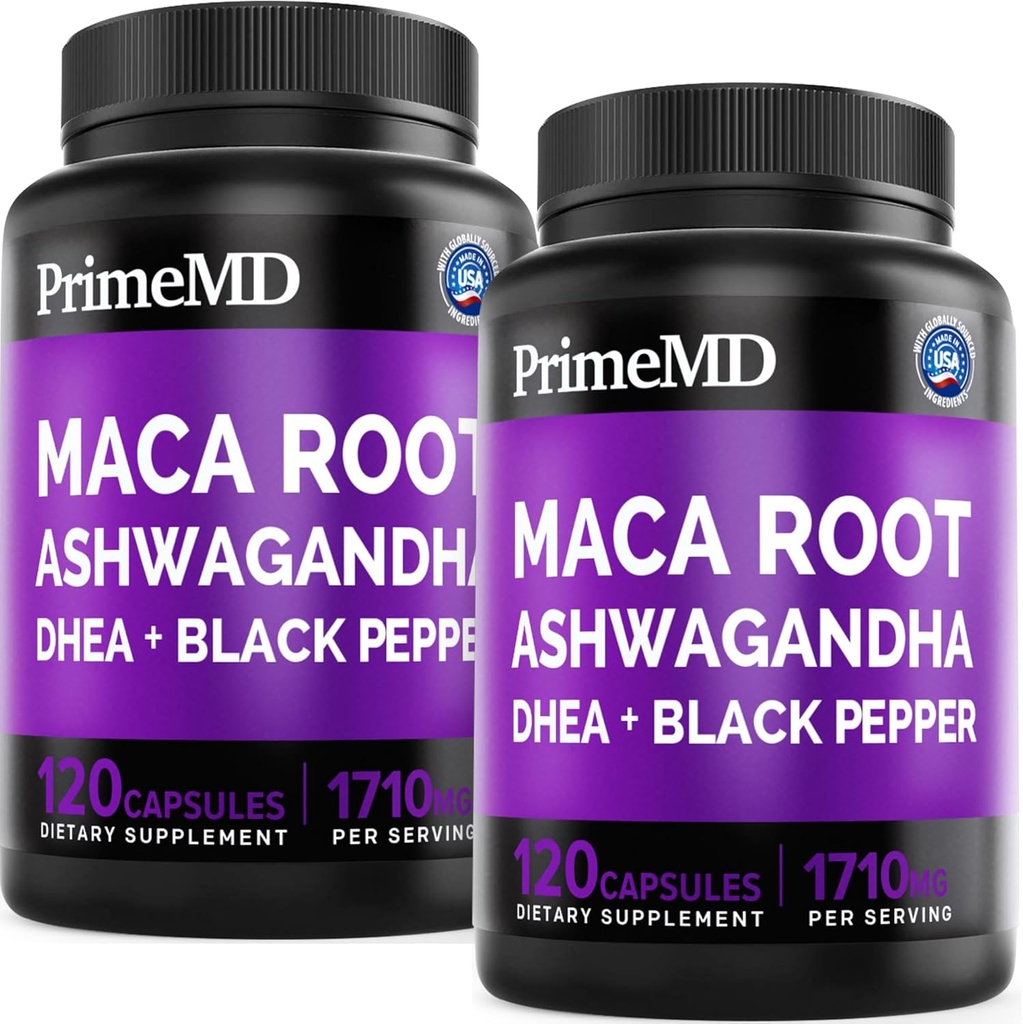 6-in-1 Organic Maca Root Ashwagandha Kapsler 1710mg med DHEA og Black Pepper Fruit Extract for Kvinder og Mænd - Black Maca Supplement for Stamina, Bone og Mood Support, 120ct (Pack of 2)