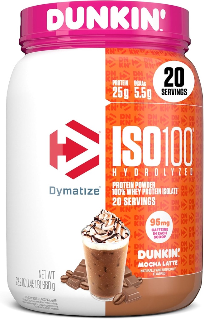 Dymatize x Dunkin 'Mocha Latte ISO100 Whey Protein Powder, 95mg Koffein, 25g protein, 5,5g BCAA, 120 Cal., Gluten Free, 1g fedt, 1g sukker, 3g carb (20 Servere)