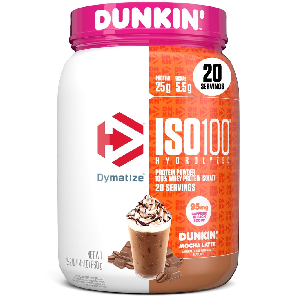 Dymatize x Dunkin 'Mocha Latte ISO100 Whey Protein Powder, 95mg Koffein, 25g protein, 5,5g BCAA, 120 Cal., Gluten Free, 1g fedt, 1g sukker, 3g carb (20 Servere)