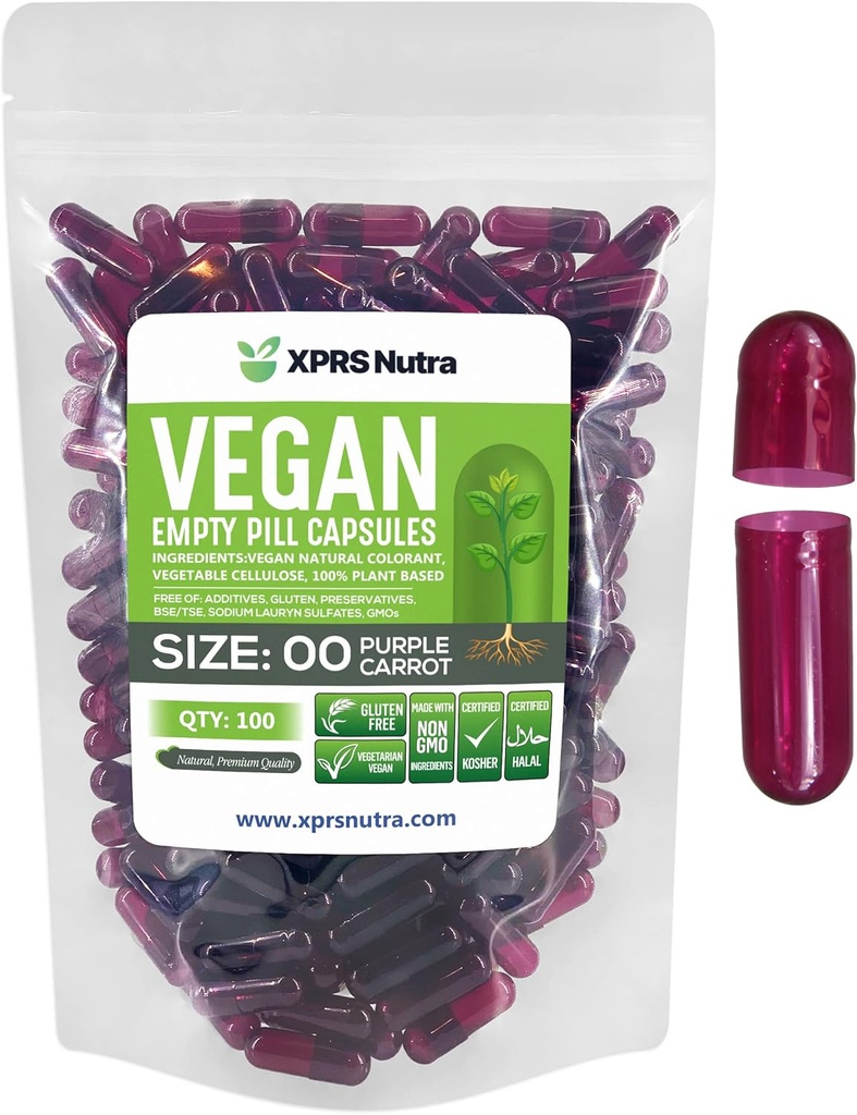 XPRS Nutra Størrelse 00 Tomme kapsler - 100 Grev Tomme Veganske kapsler - Vegetariske Tomme piller - Du er grøntsagskapsel Filling- Veggie Pill Caps (lilla gulerod)